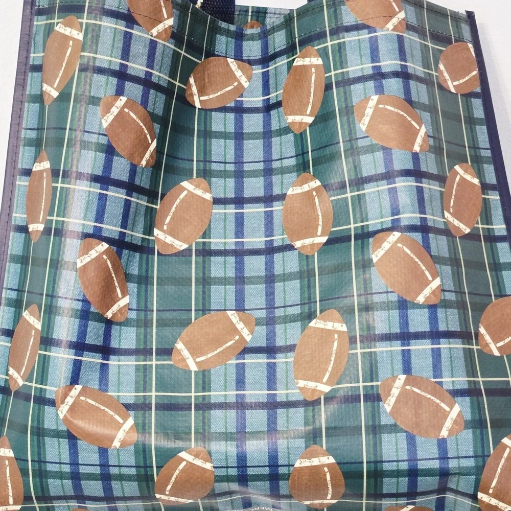 Football Sports Fall Ball Plaid Reusable Blue Green Gift Tote Bag Homegoods